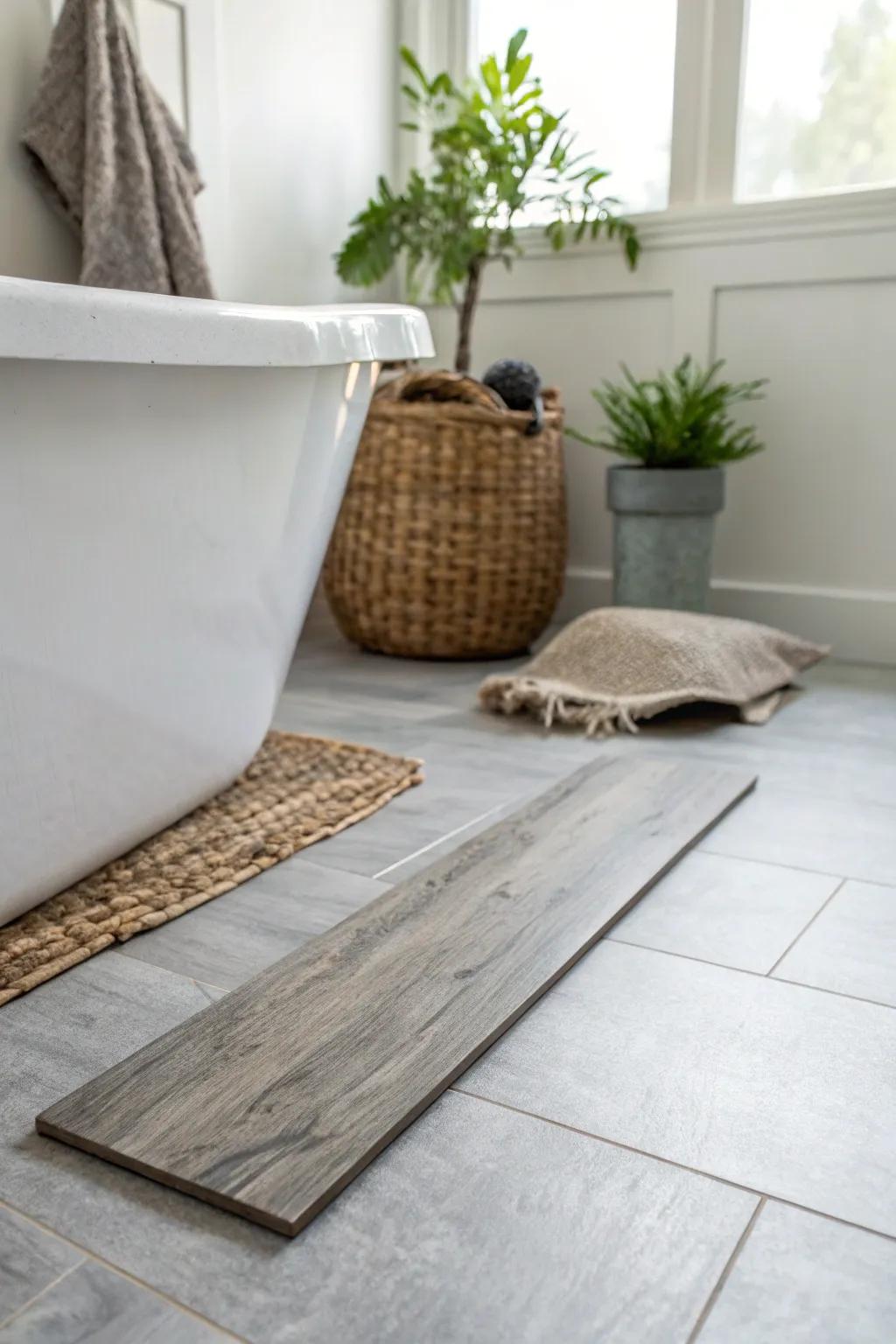 Elevate your bathroom with the effortless elegance of luxury vinyl plank flooring. 🌿 #ScandinavianStyle #BohoCharm