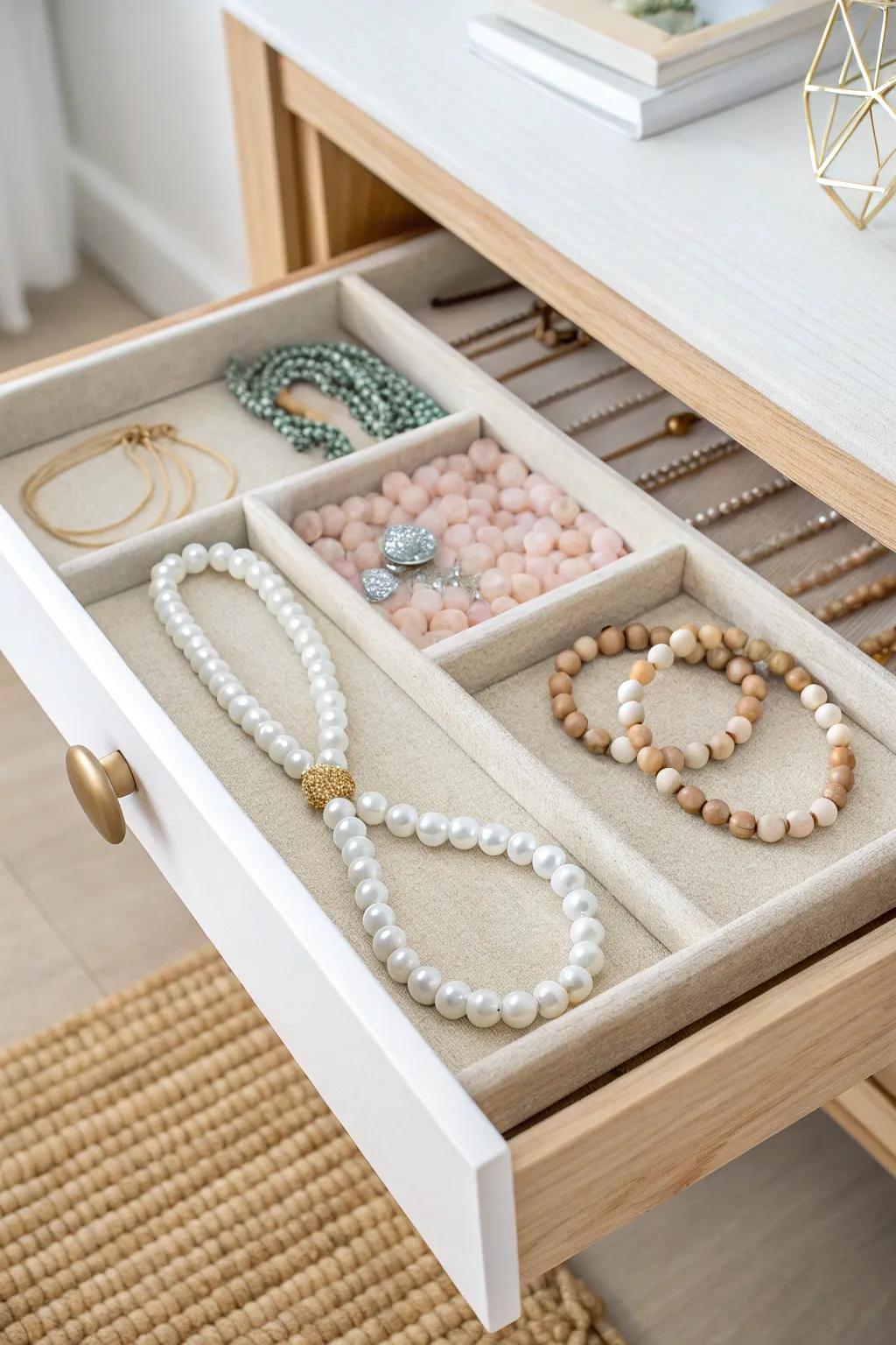 Foam board drawer inserts create neat bead lanes—low-profile, renter-friendly, and beautiful.