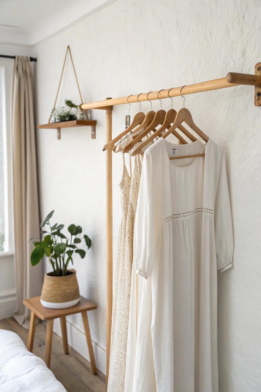 Minimal wall-mounted oak rail keeps small bedrooms airy—style it like intentional decor.