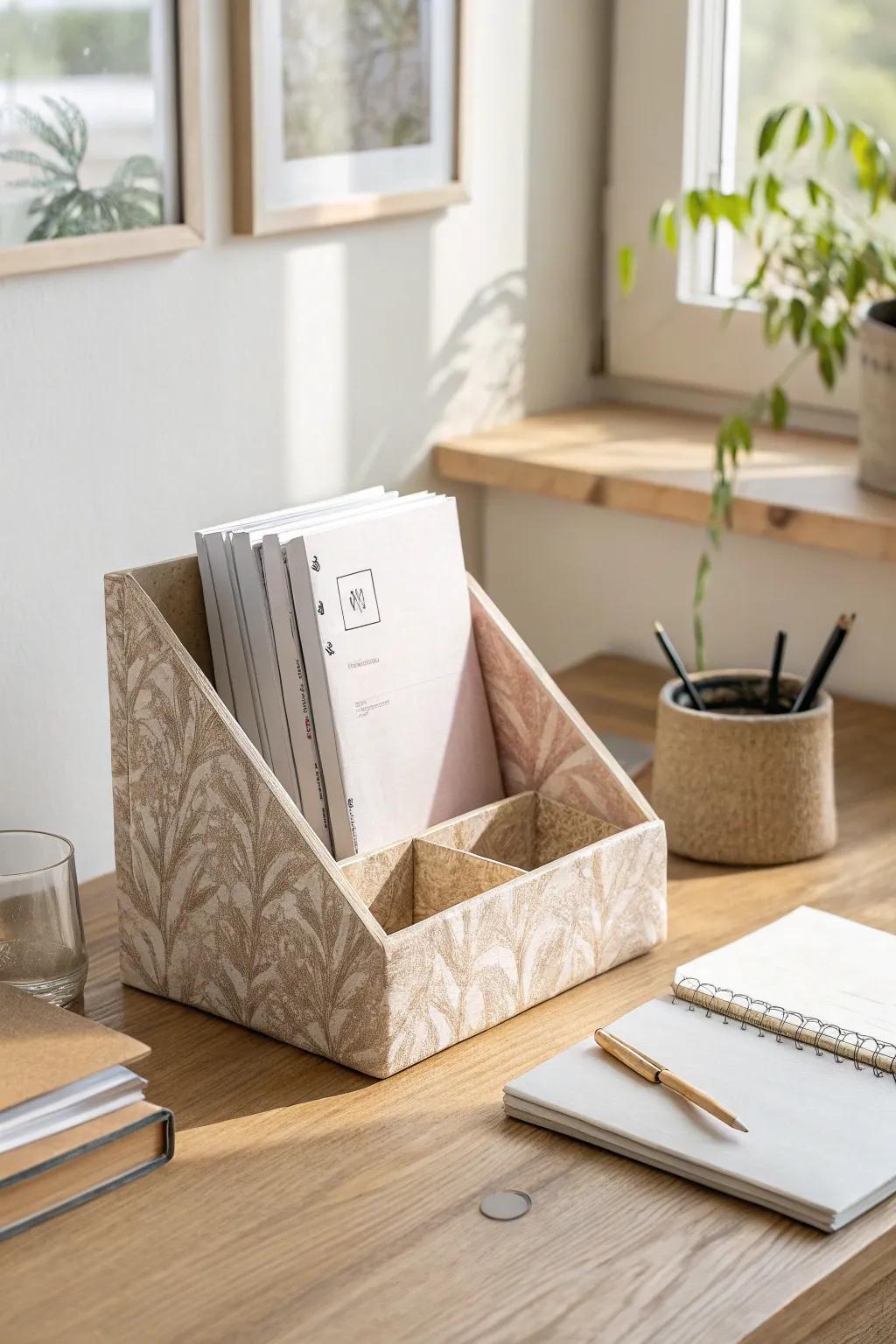 Cereal box paper sorter DIY: a pretty, lightweight file holder for mail and loose sheets.