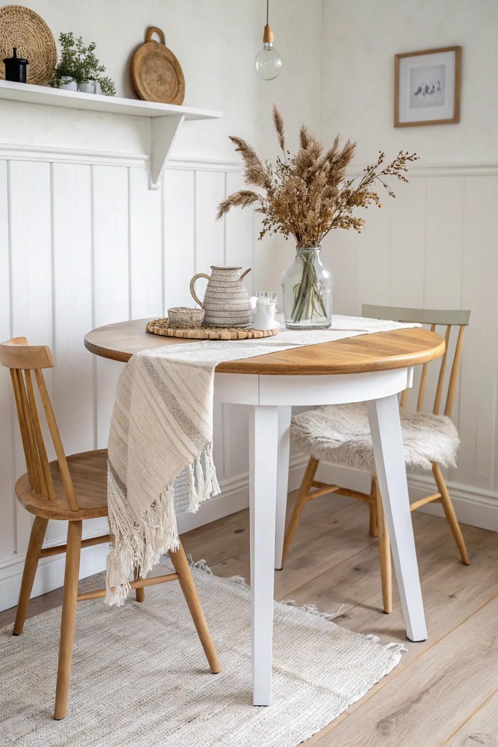 Crisp white table base + natural wood top: a tiny-space makeover that feels bright and airy.
