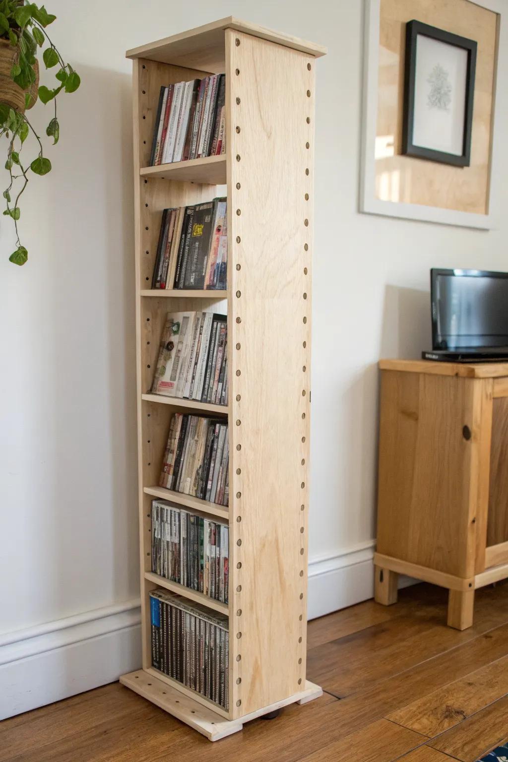 Slim adjustable plywood DVD shelves—custom depth, clean lines, and room for taller box sets.