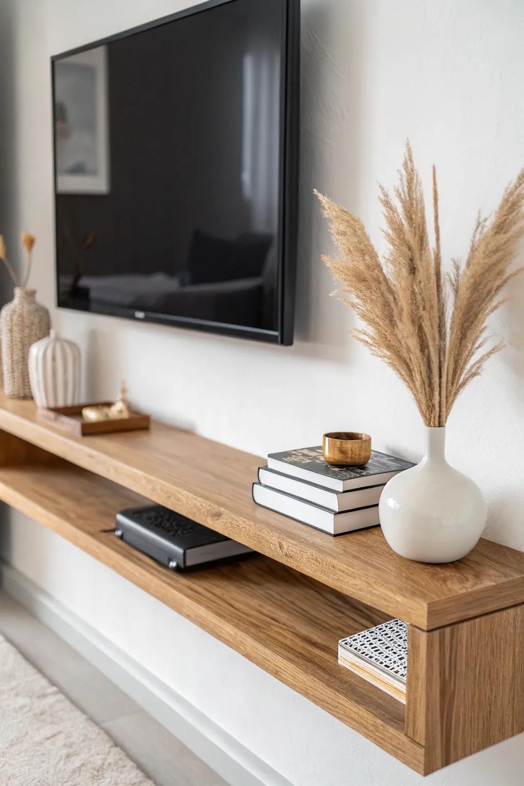 A thick floating shelf creates an airy media wall—stylish, modern, and perfect for small spaces.