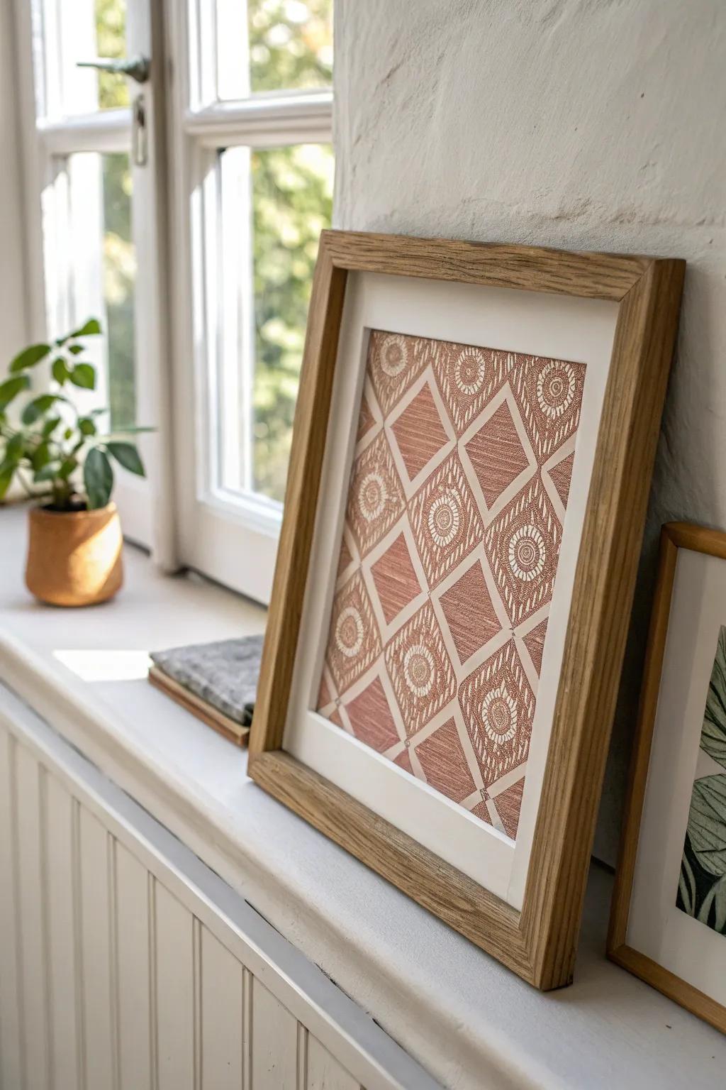 Frame peel-and-stick wallpaper scraps as budget art—easy pattern for small-space walls.