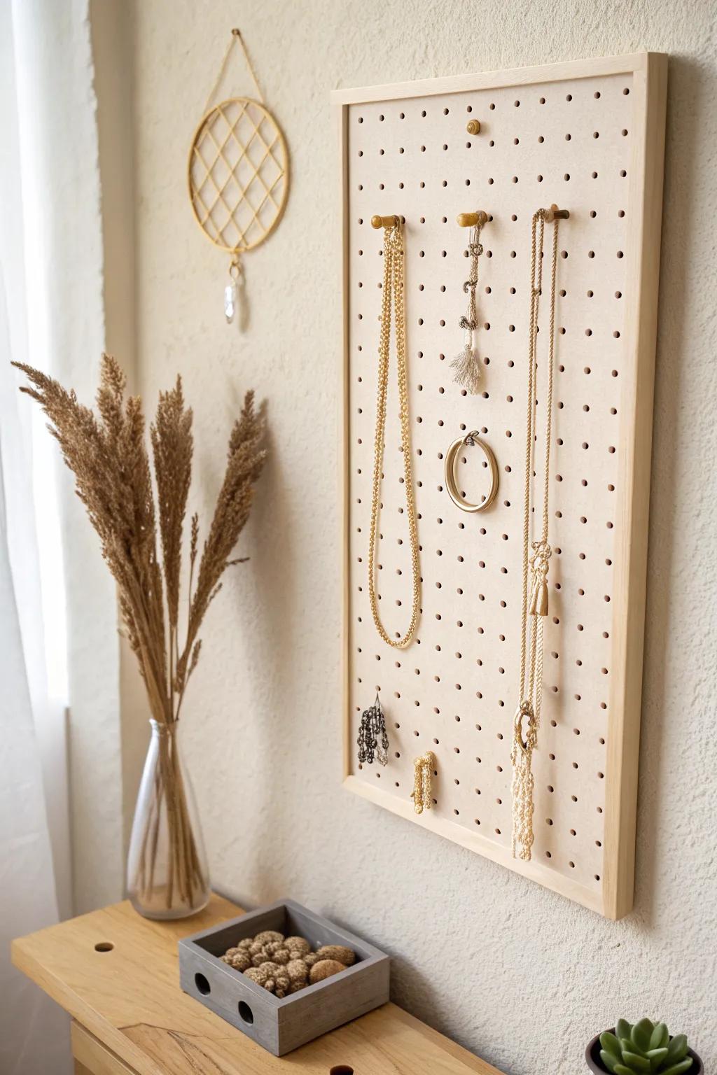 Minimal pegboard jewelry wall—brass hooks and soft neutrals for a flexible small-space setup.