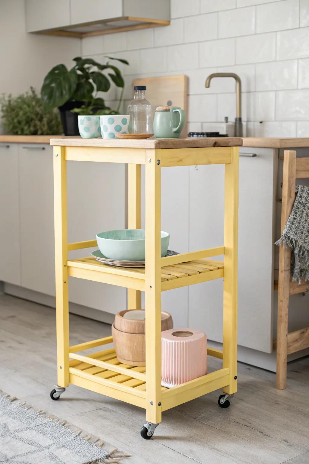 Brighten up your kitchen with a splash of color! This sunny yellow cart adds a pop of personality and charm. 🍋✨