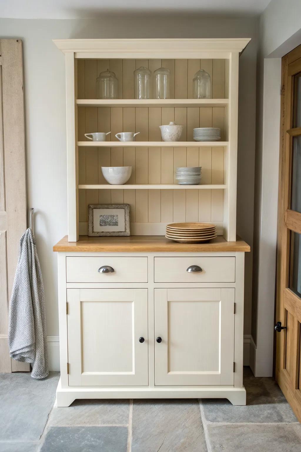 Two-tone DIY hutch: soft painted frame + warm wood top for depth in a small kitchen.