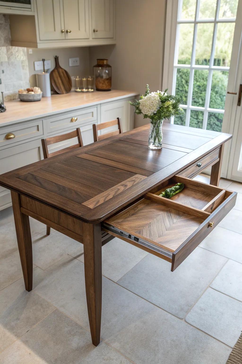 Elegance meets functionality: Discover the art of space-saving with this handcrafted extendable kitchen table.