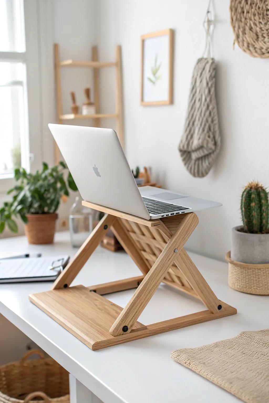 Elevate your workspace with a handcrafted wooden laptop stand that combines functionality with minimalist elegance.
