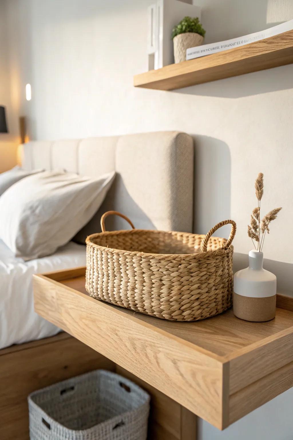 Floating shelf above the bed with a matching basket—pretty, minimalist storage for small rooms.