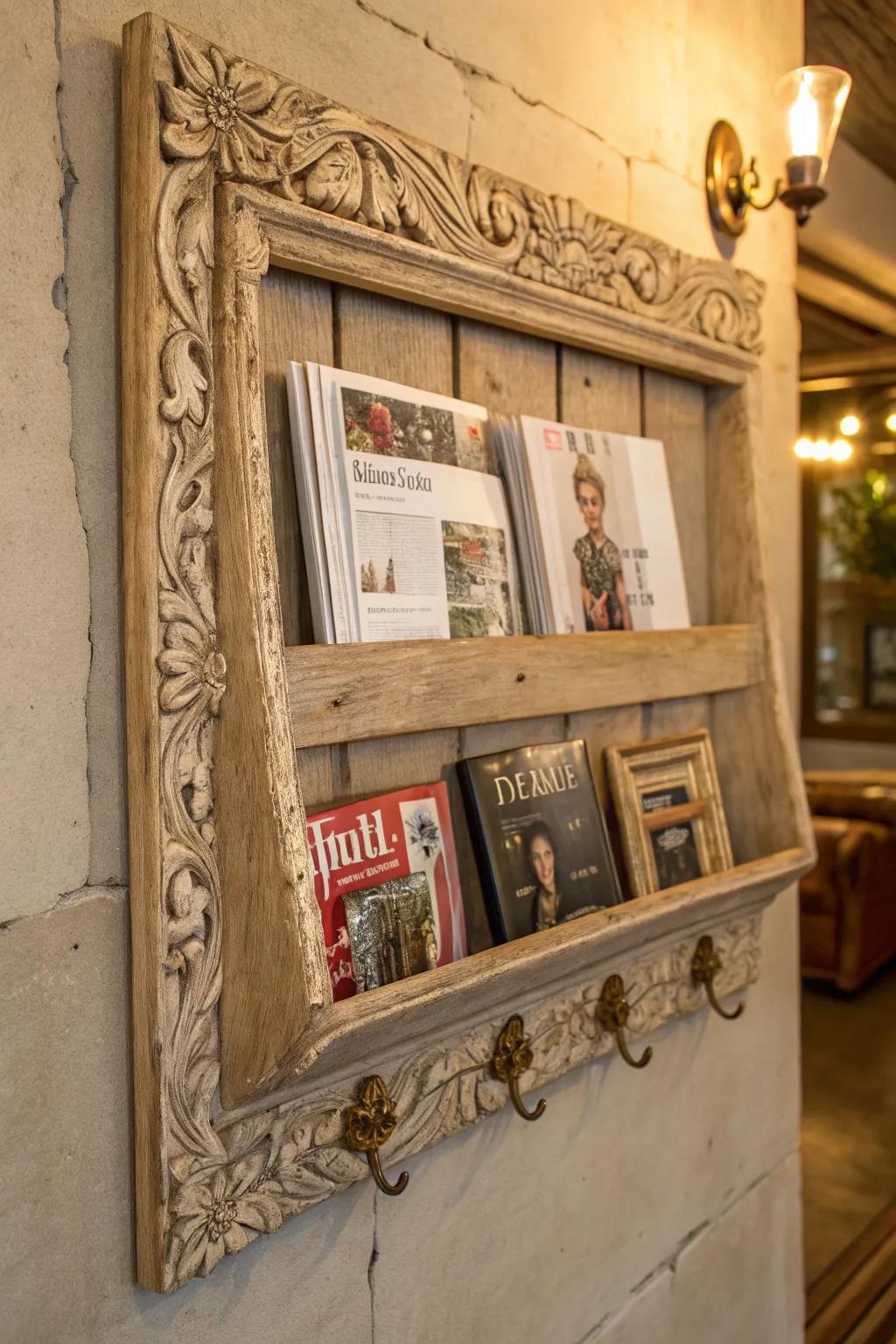 Transform elegance into functionality with a vintage picture frame magazine rack.