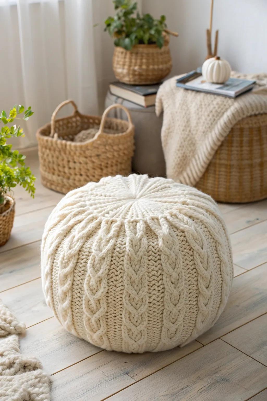 Turn your old sweater into a cozy pouf and add a touch of warmth to your living space. #DIYDecor #ScandinavianStyle