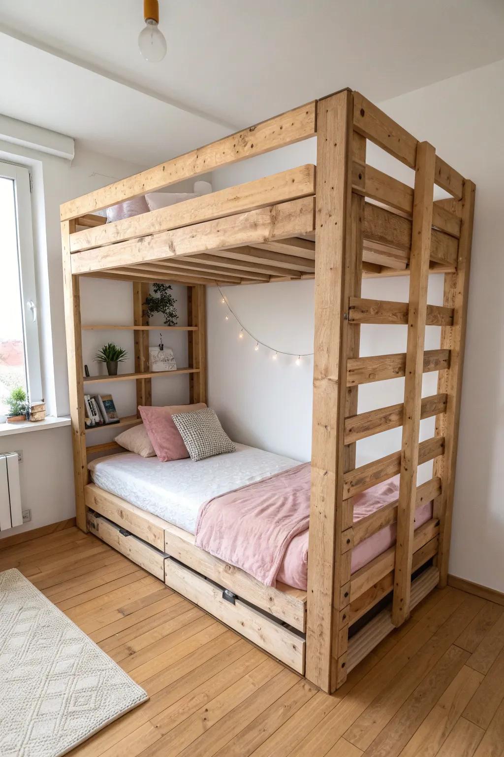 Pallet loft bed frame for small kids rooms—clean Scandinavian lines, solid bracing, zero squeaks.