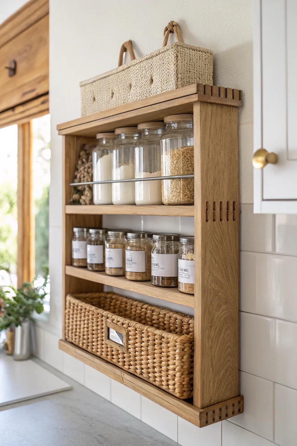 DIY shallow pantry shelf: one neat row so every jar and can stays visible—no more mystery cans.