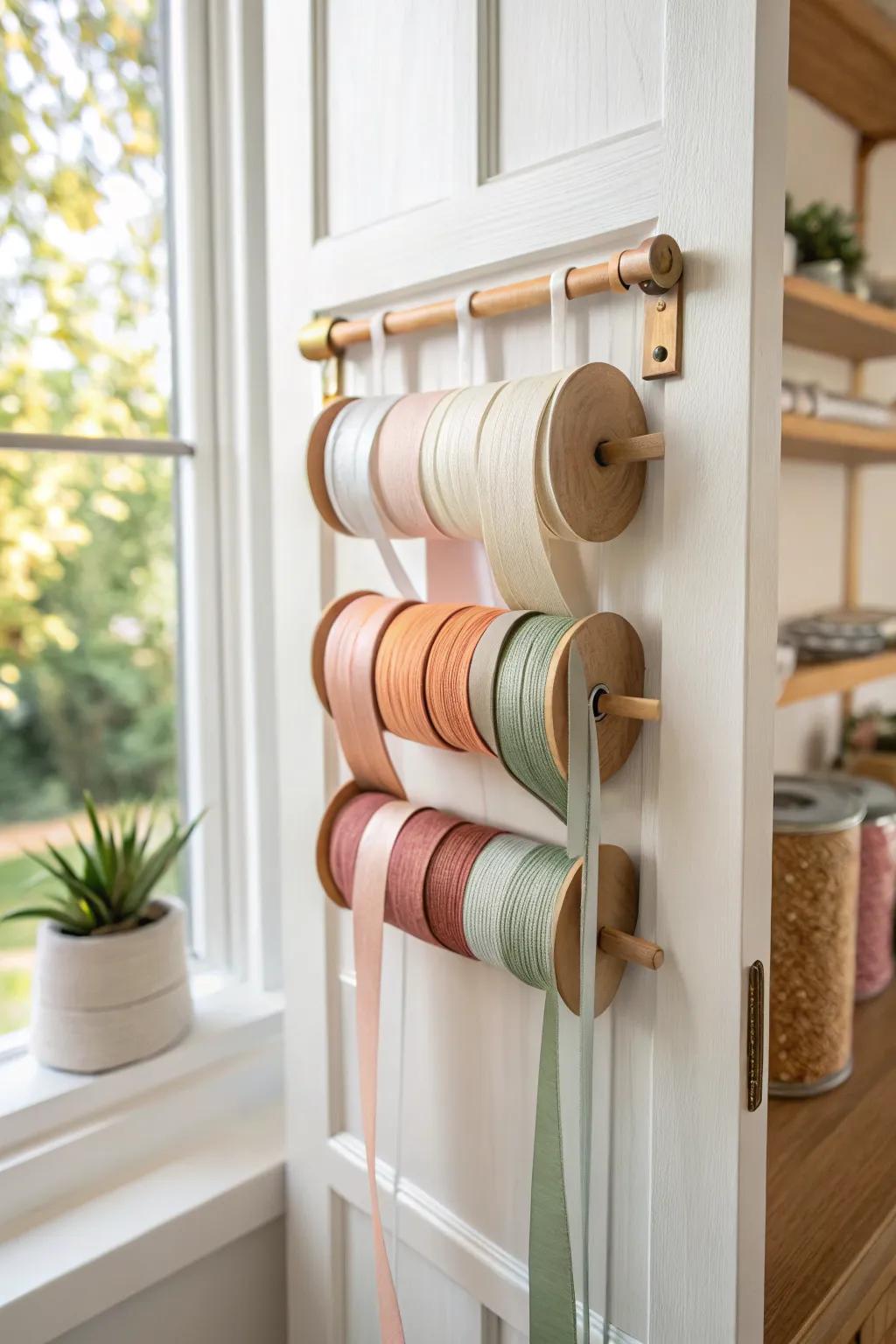 Hidden ribbon rods on a cabinet door keep spools tidy, calm, and ready to dispense.