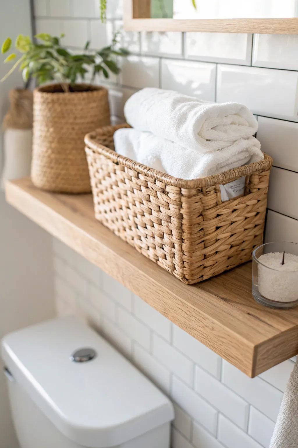 Floating shelf over the toilet + a woven basket keeps tiny bathrooms tidy and pretty.