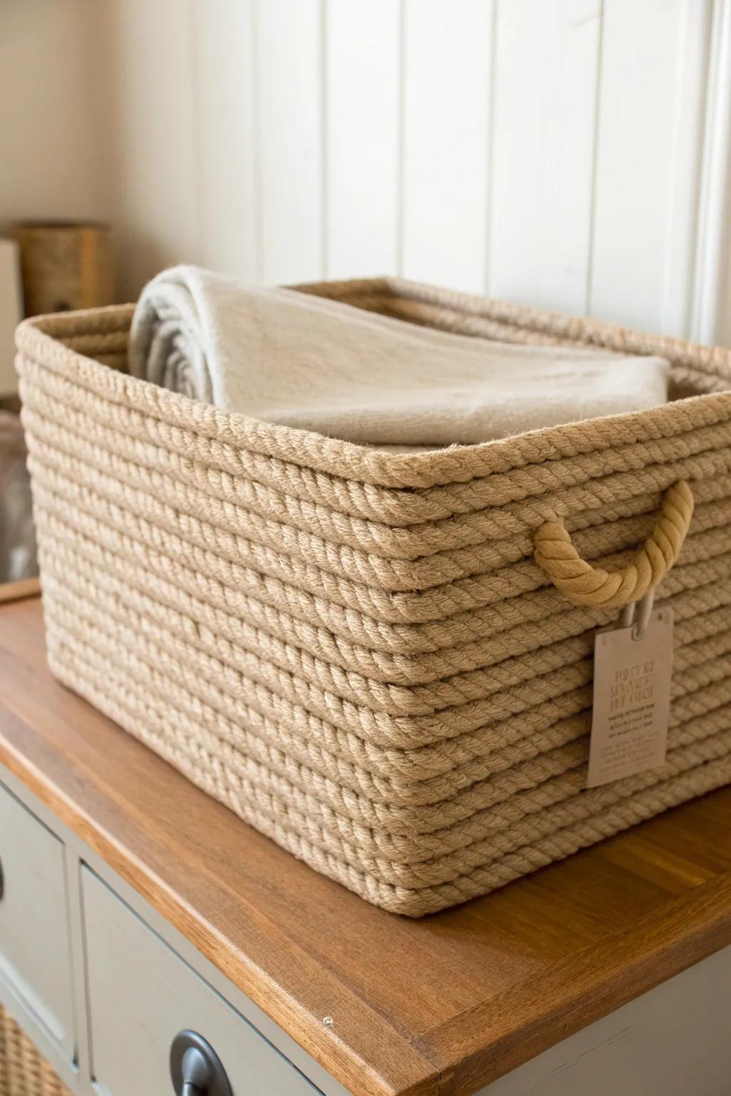 Budget-friendly rope-wrapped box basket—minimal, sturdy, and pretty enough for open shelves.