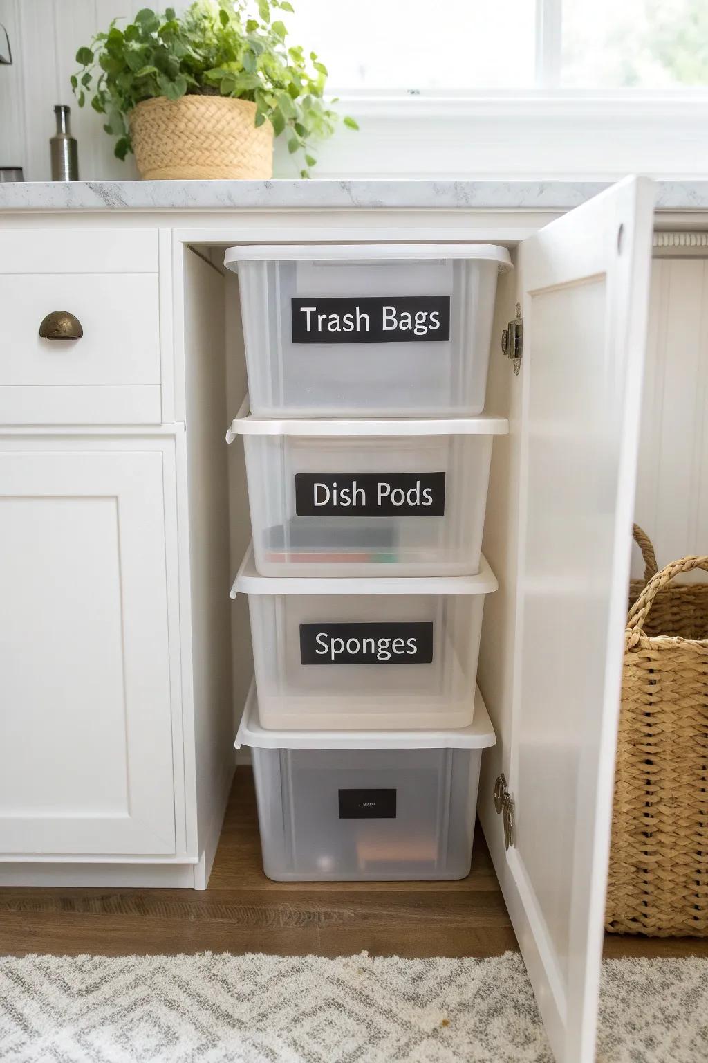 Stackable bins + clear labels = an under-sink setup that stays organized (and re-buy free).