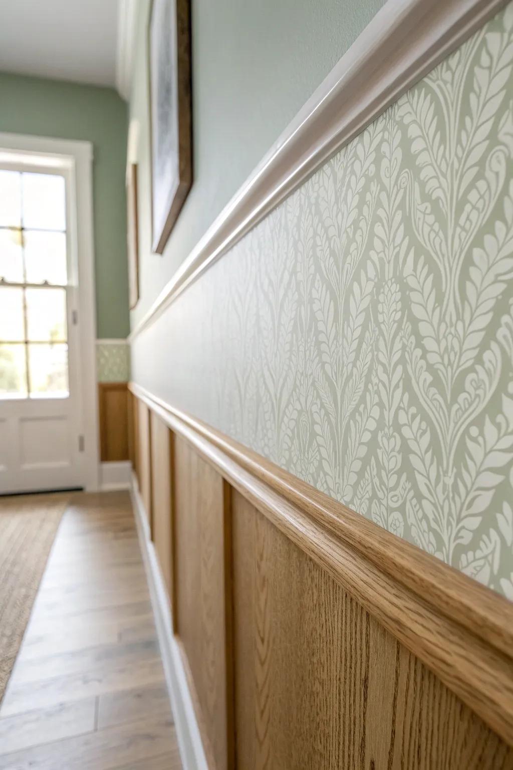 Two-tone hallway magic: wallpaper above, paint below, finished with a clean oak trim.