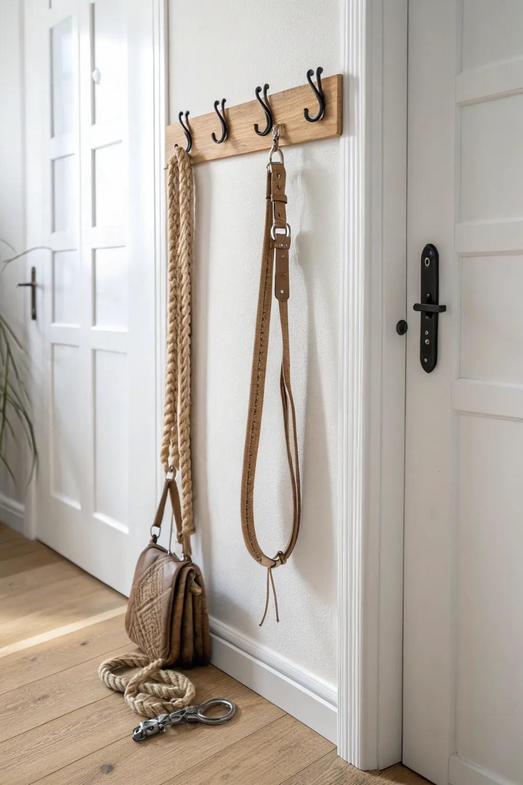 Turn a 4-inch wall gap into chic leash storage with a slim hook strip—zero floor space.
