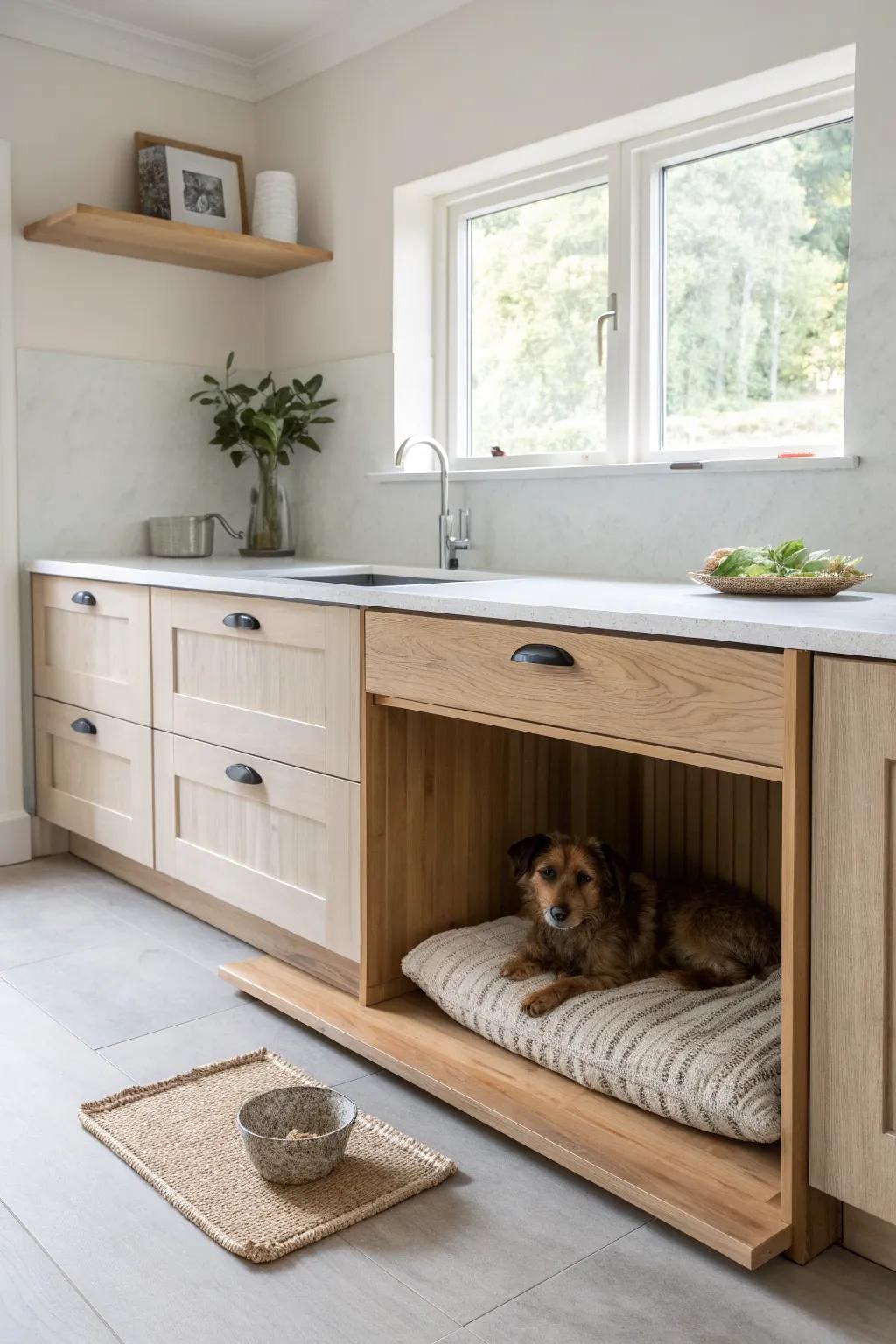A built-in kitchen island dog nook keeps pups close while you cook—plus a wipeable mat.