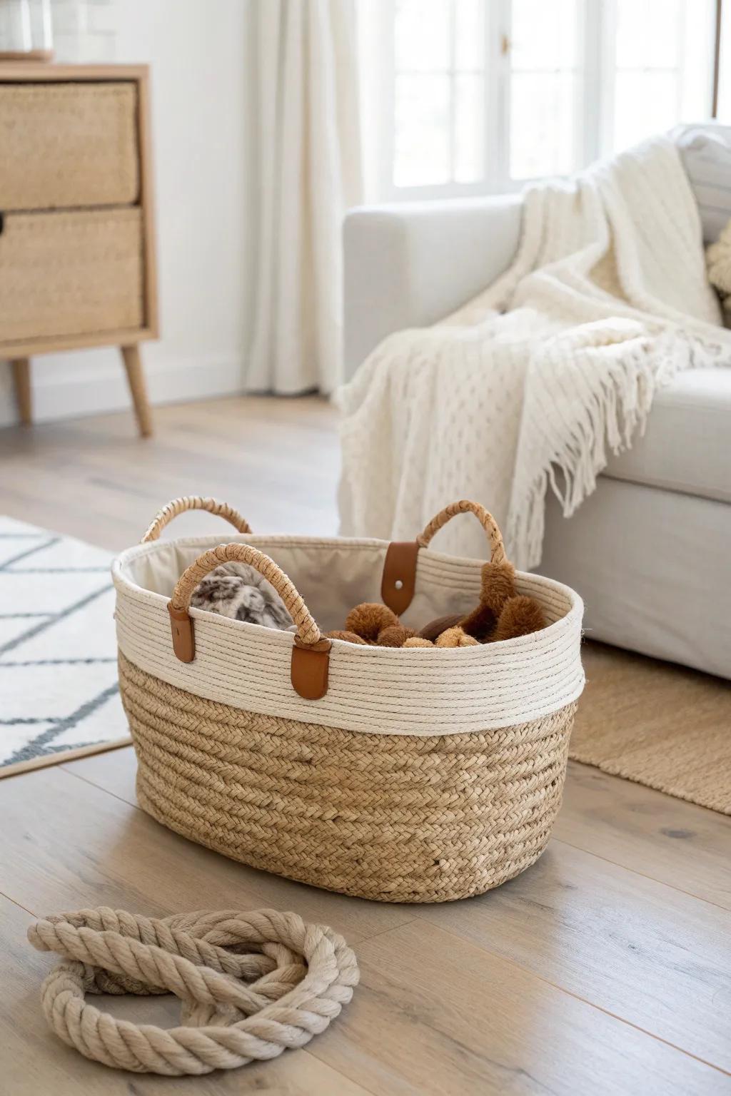 A low soft toy basket keeps the living room calm—cleanup takes 20 seconds and stays quiet.