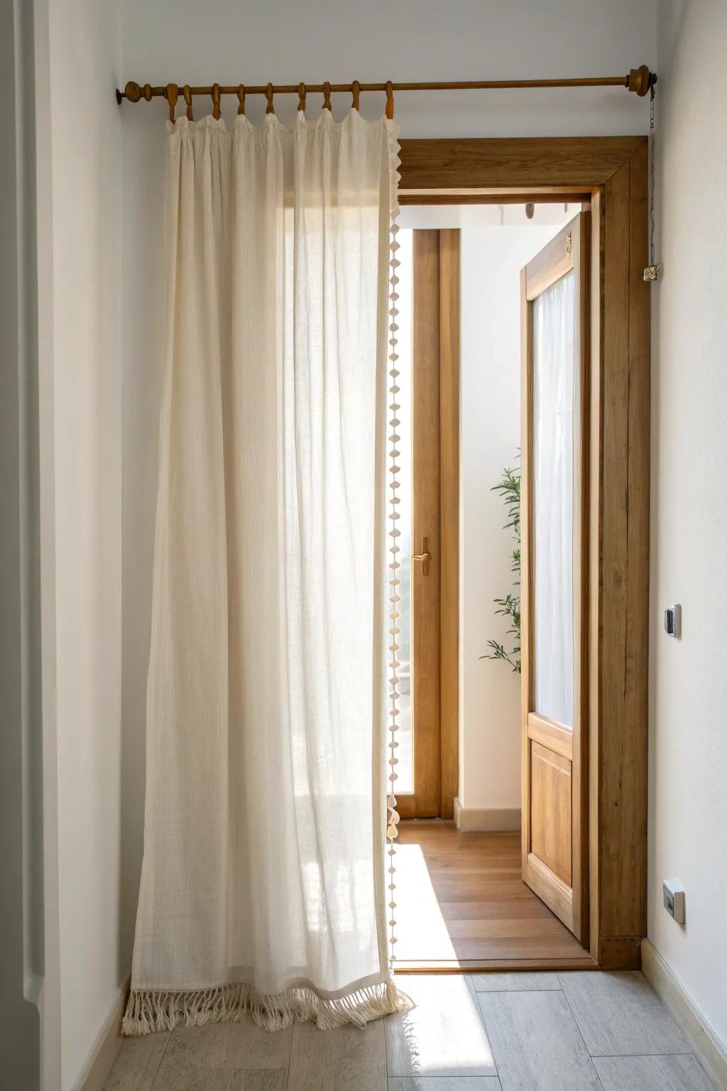 A sheer doorway curtain that keeps sunlight flowing while adding soft, airy privacy.