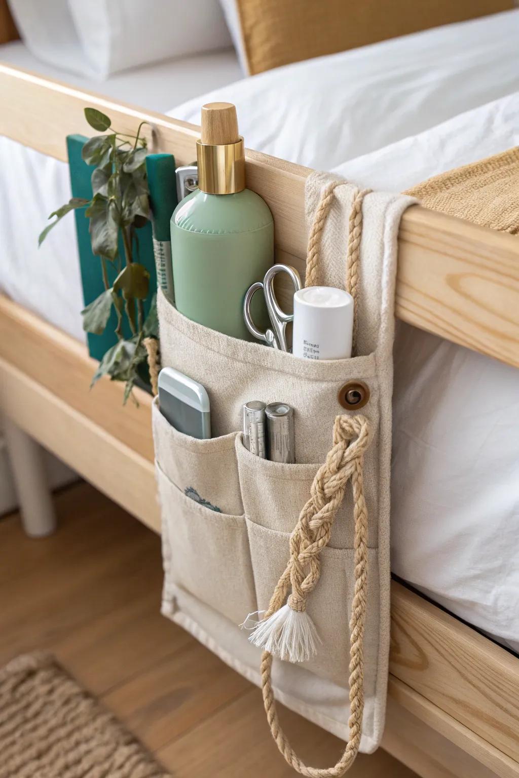 A bedside caddy keeps dorm essentials at arm’s reach—tidy, calm, and clutter-free.