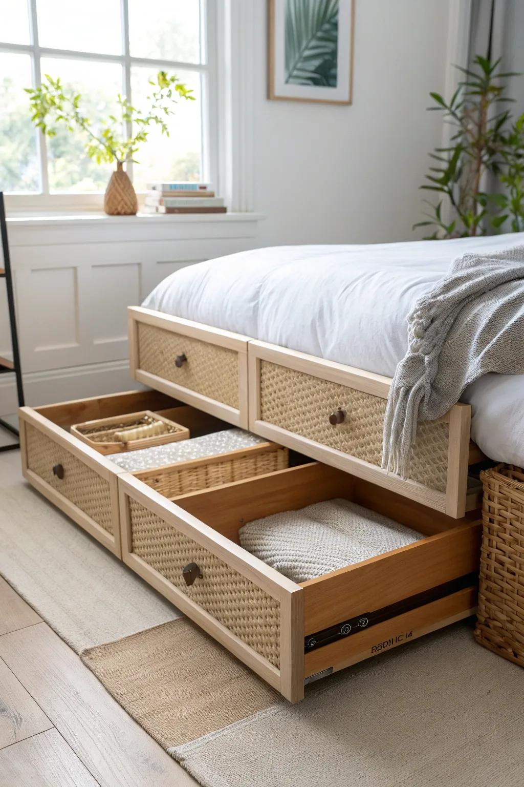 Rolling under-bed drawers keep sweaters and extras organized—no crawling, just pull and go.