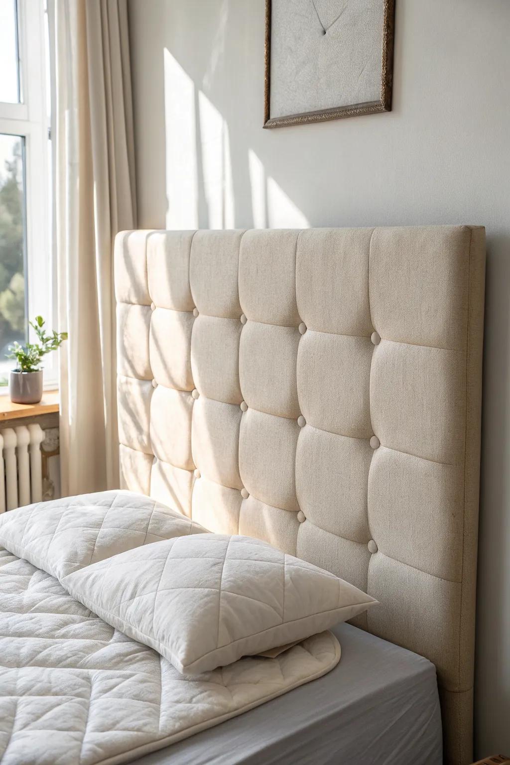 Soft padded wall panel = instant headboard—cozy, feminine, and dorm-friendly in minutes.
