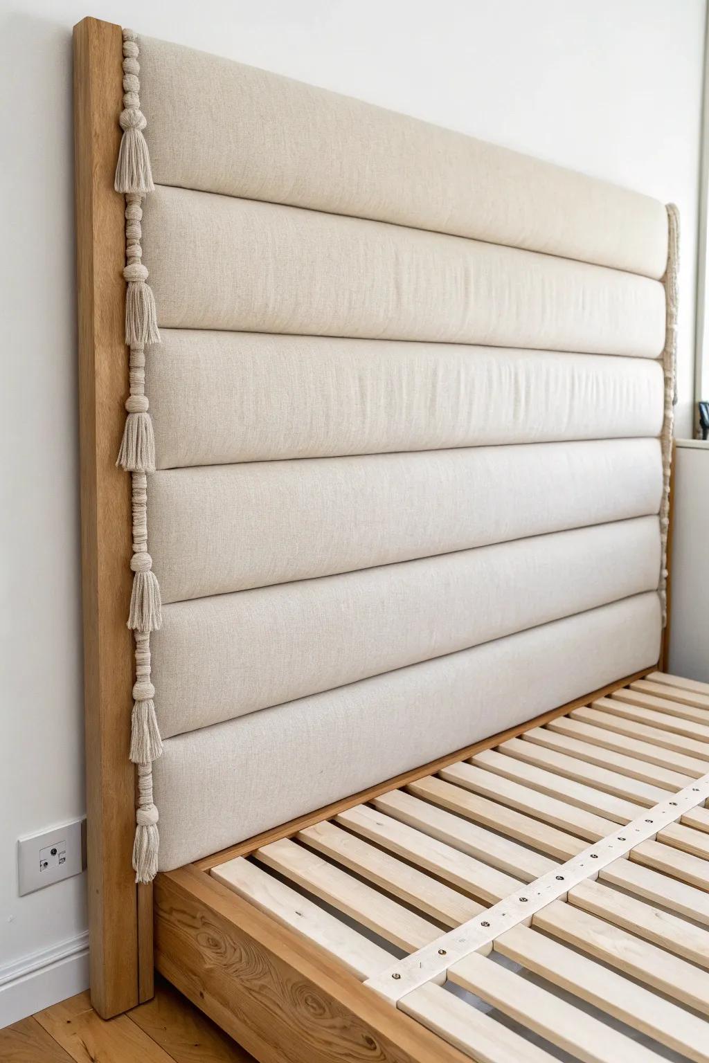 DIY linen headboard moment—soft, removable, and instantly makes a dorm bed feel styled.