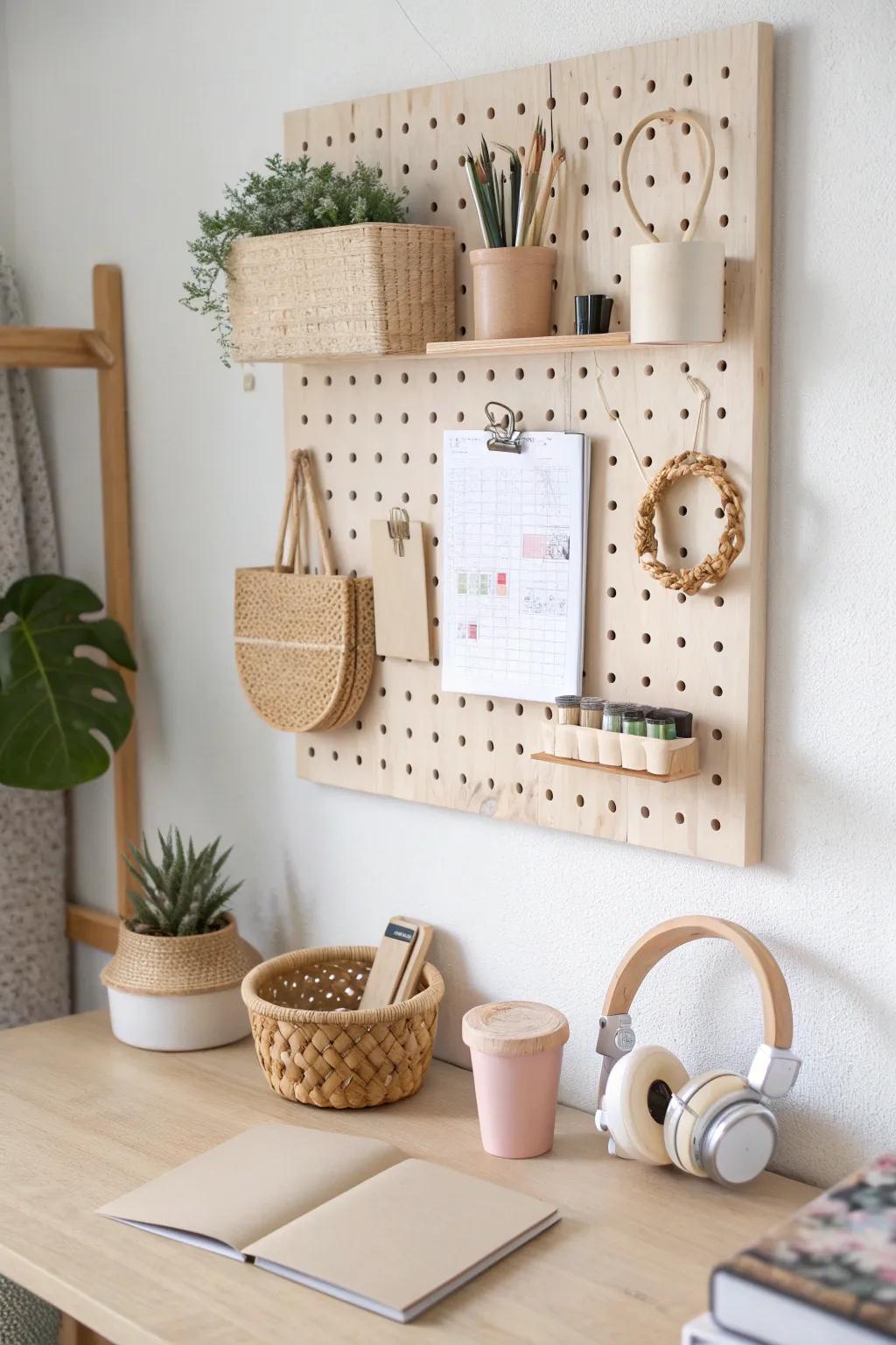 Go vertical: a pegboard above the desk keeps dorm supplies tidy and your study space clear.
