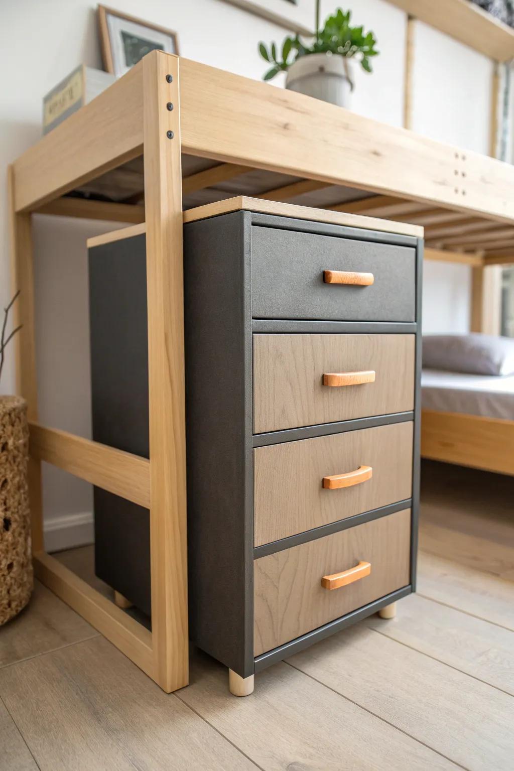 Dark stackable drawers under a lofted bed hide clothes and keep a dorm looking calm.