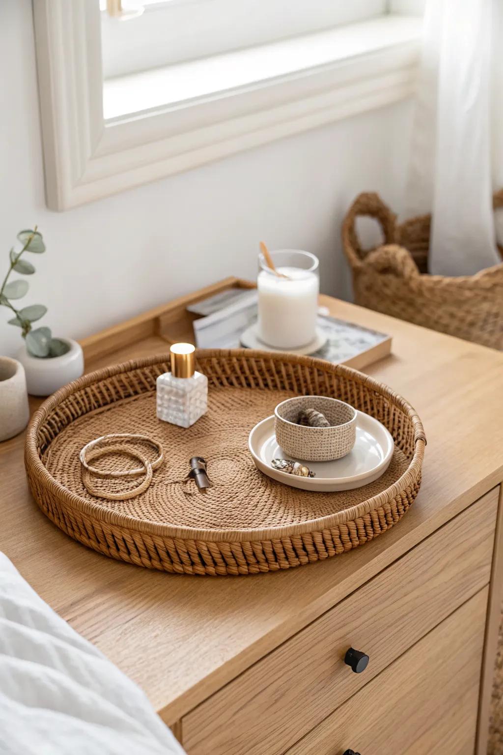 A woven tray gives keys and jewelry a “home,” keeping your dresser surface calm and curated.
