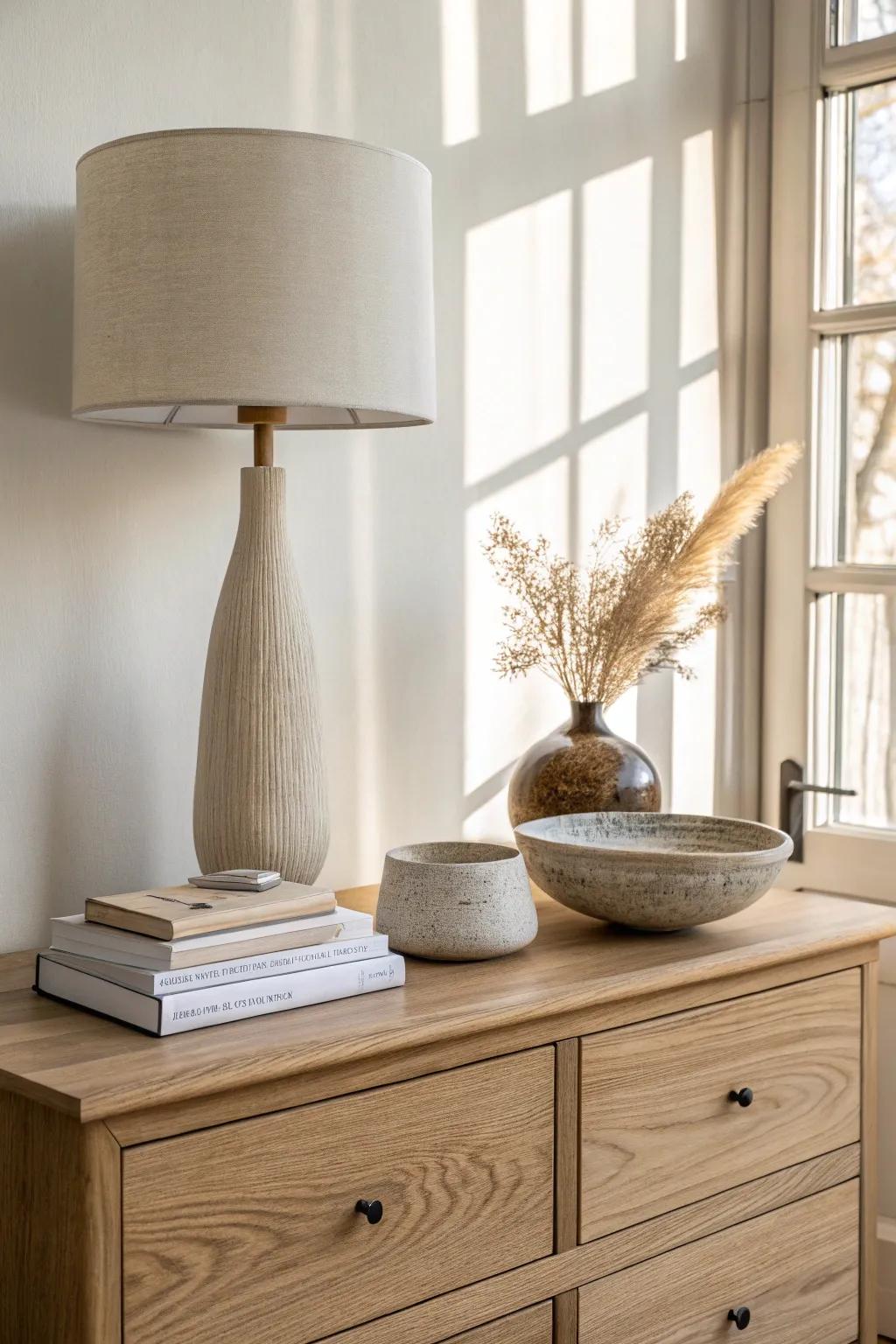 A simple dresser “stage”: tall lamp, stacked books, and a pretty bowl—clean, calm, complete.