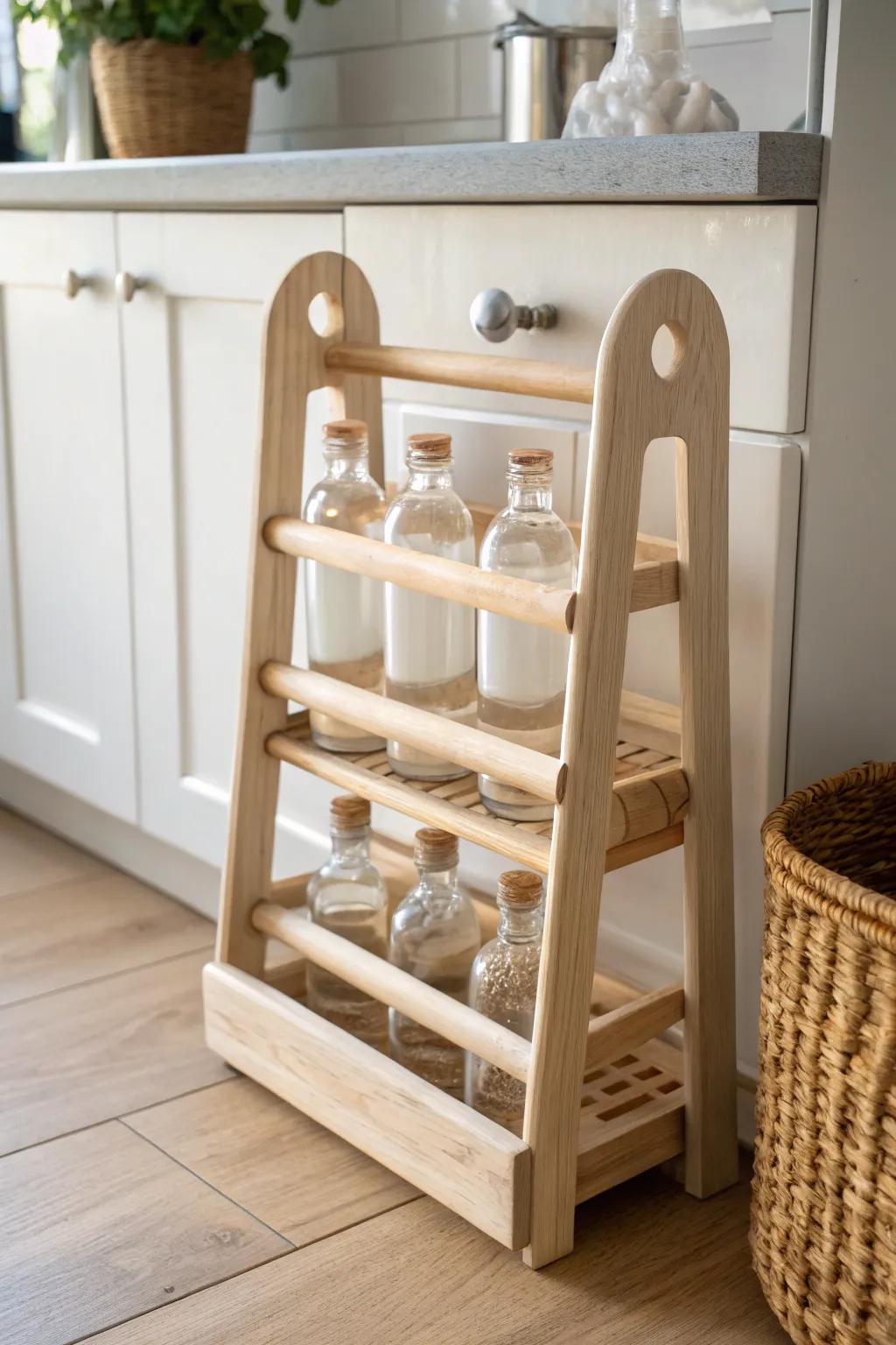 Space-saving tiered bottle rack: store water bottles horizontally for a calm, tidy pantry.