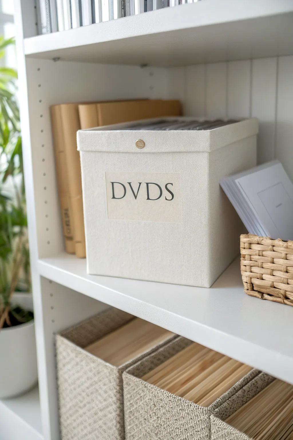 Sleeved DVDs filed upright in a labeled archival box—clean, compact, and easy to flip through.