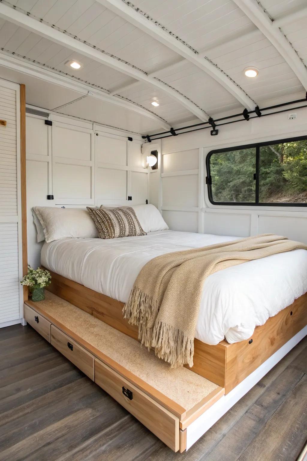 Wall-to-wall E‑track platform bed: clean lines, sturdy beams, tiny-trailer luxury.