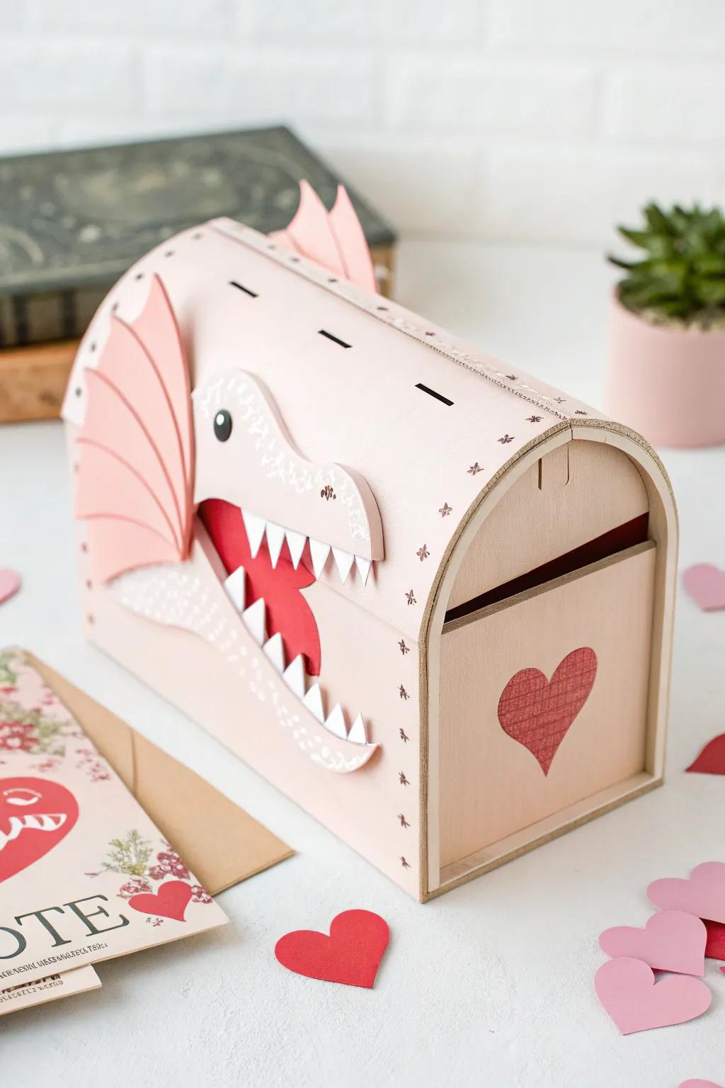 A whimsical dragon Valentine box with a toothy grin - simplicity meets playful charm!