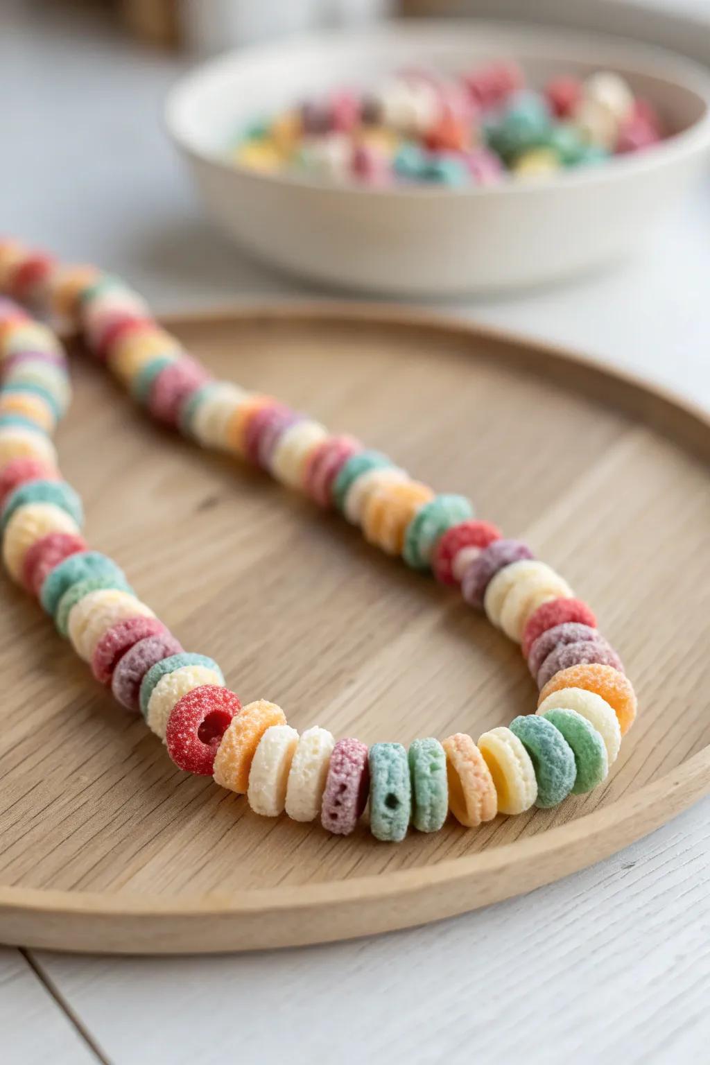 Craft breakfast into a playful accessory with a colorful cereal necklace—where style meets snack time fun!