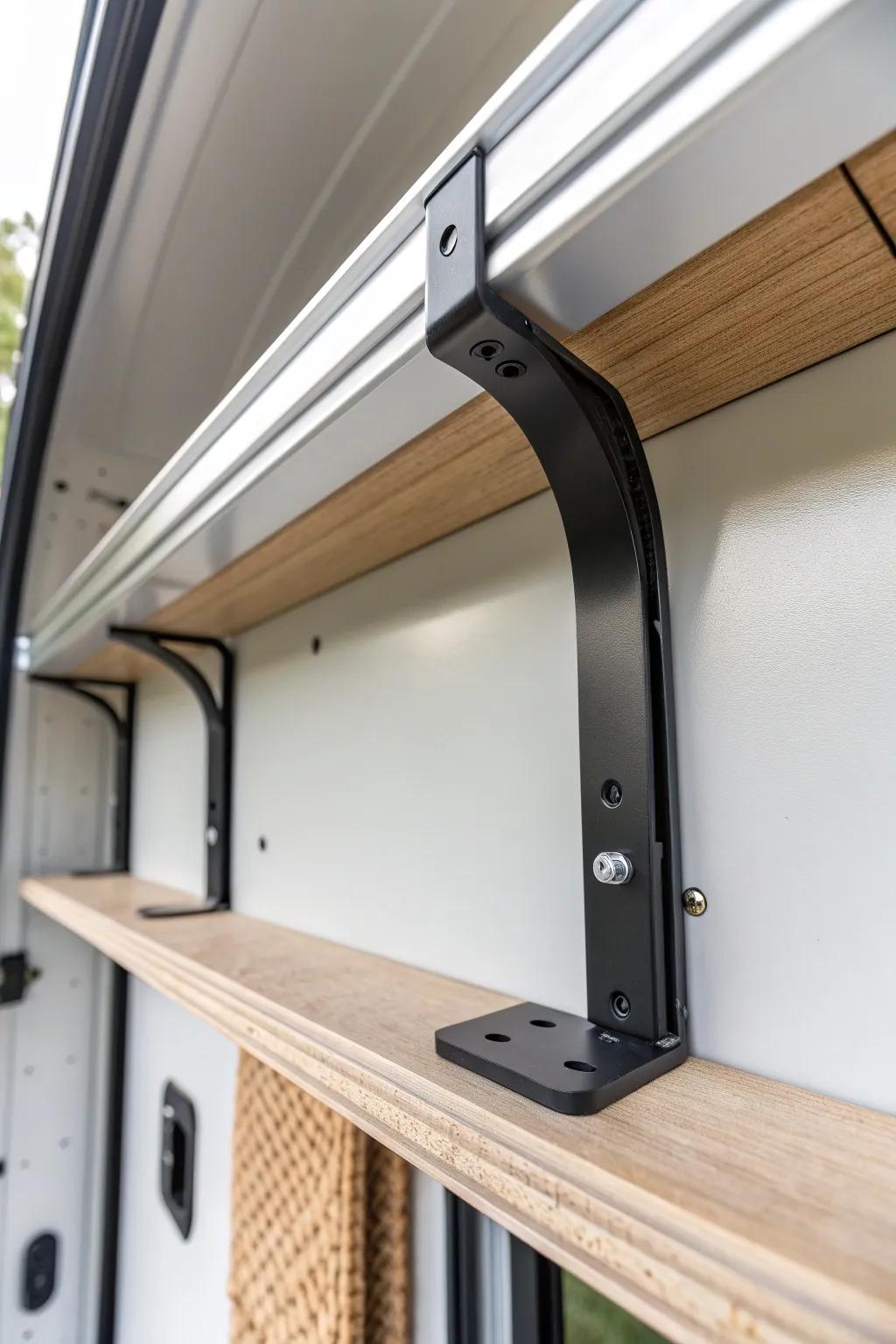 Adjustable cargo-track shelf bracket: flexible trailer storage with clean minimalist style.
