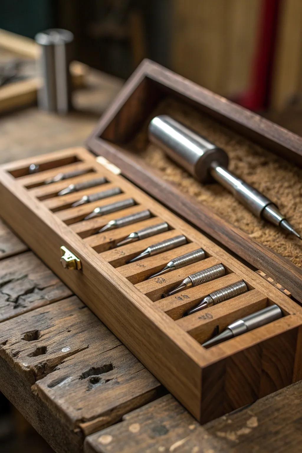 Elevate your workshop organization with this custom-crafted wooden slotted tray, a perfect blend of functionality and craftsmanship.