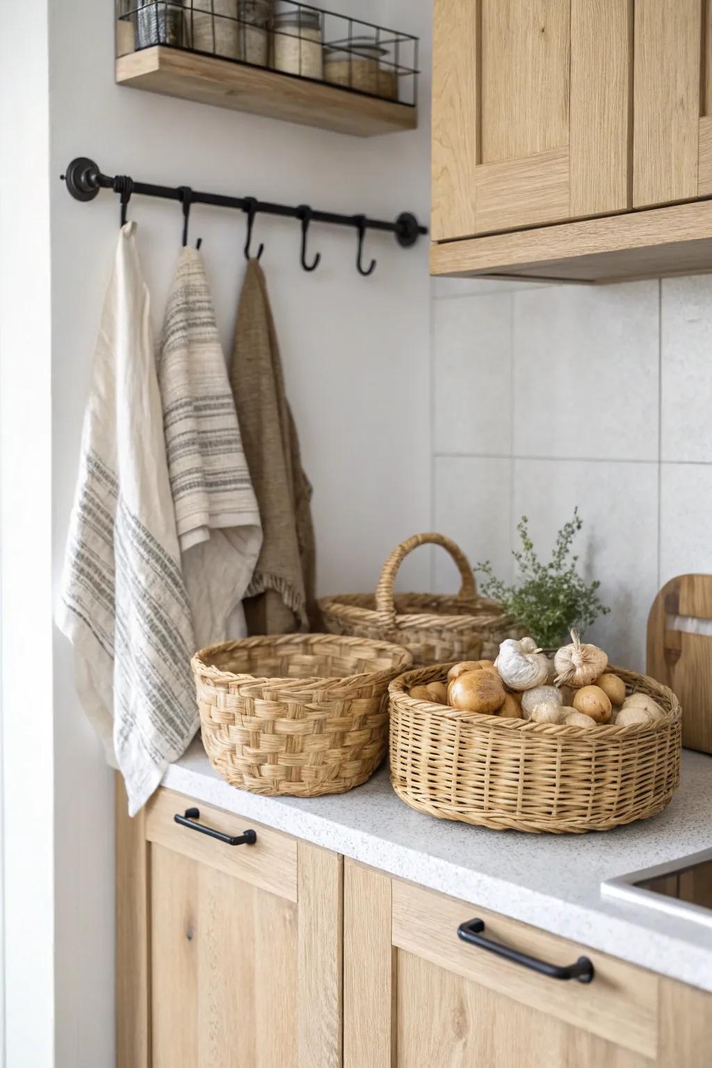 S-hooks + mini baskets on the cabinet end keep garlic and onions off the counter—neat and pretty.