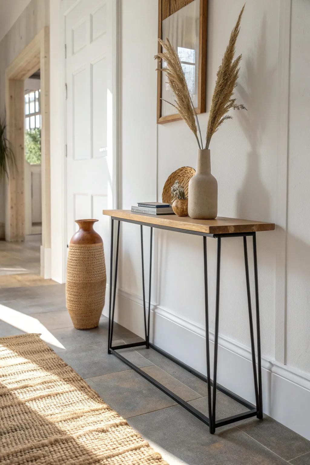 Slim console, big impact—add a key tray and tall vase for a modern, clutter-free hallway.