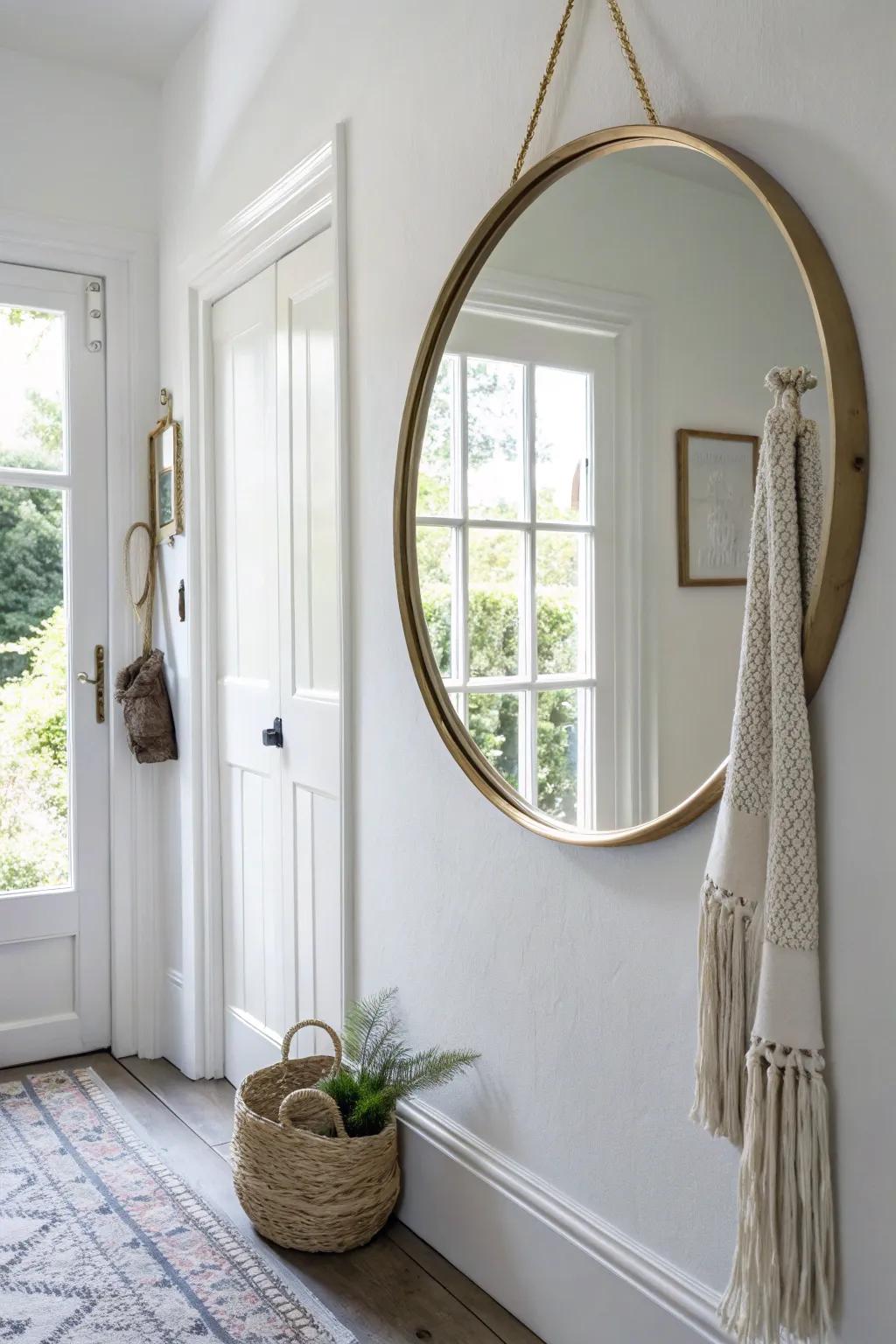 A big round mirror reflects daylight, making a narrow entry hall feel brighter and bigger.