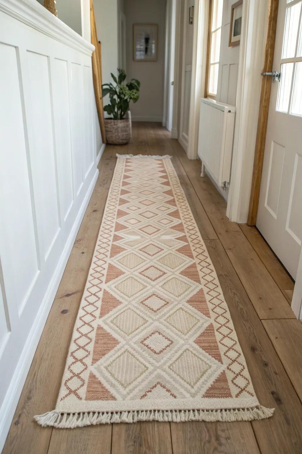A long patterned runner rug instantly makes a narrow entry hallway feel cozy and intentional.
