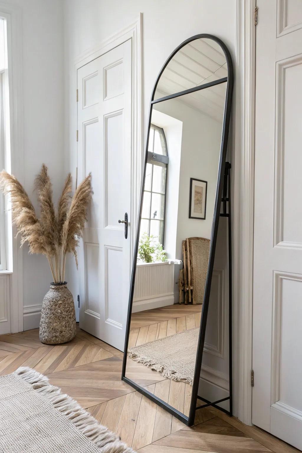 A big entryway mirror instantly doubles light and space—perfect for a last-minute outfit check.