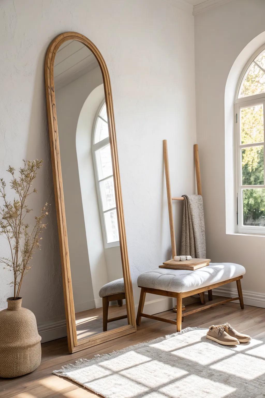 An arched mirror brings architectural charm above a slim upholstered bench—cozy yet polished.