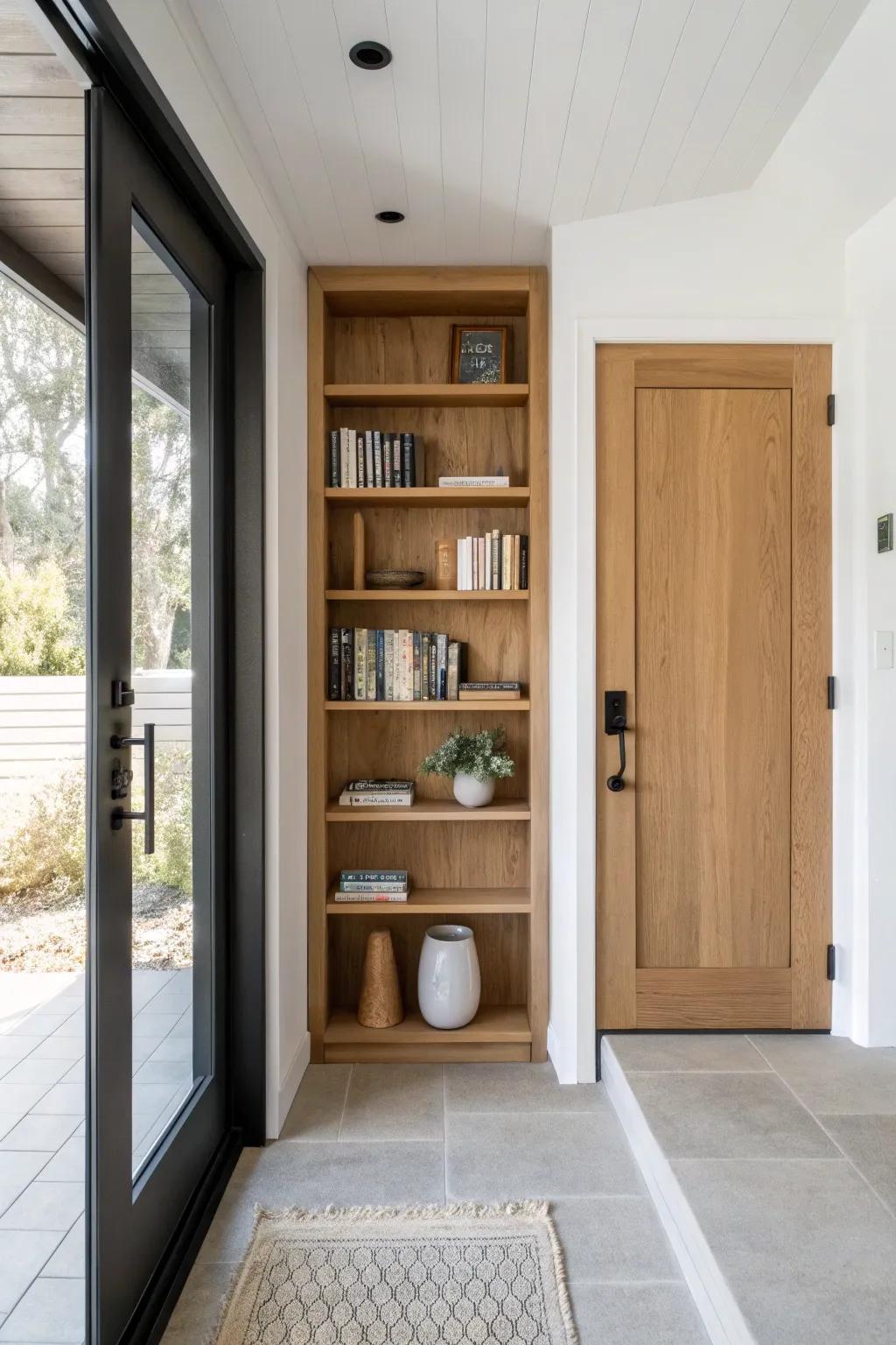 Turn a tiny entry into a dreamy library: built-in shelves framing the doorway for instant charm.