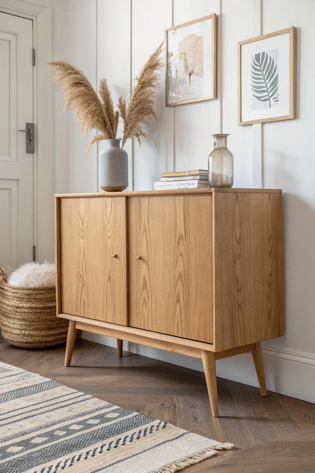 A deep sideboard-style entry cabinet that hides bags, linens, and essentials—beautifully.